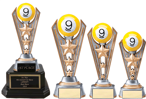 POOL TROPHIES 1st 2nd PLACE 8 or 9 BALL TRIM MALE or FEMALE FREE ENGRAVING 